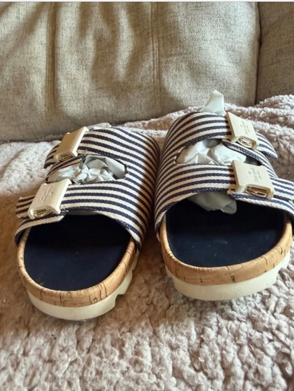 kate spade Navy and White Striped Double Buckle Sandals